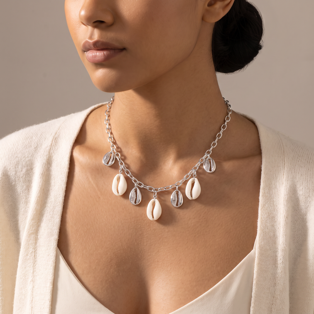 Collier coquillage blanc sur chaîne, porté mi-corps, argenté