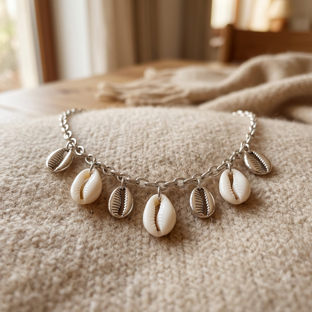 Collier coquillage blanc sur chaîne, porté en tenue, argenté