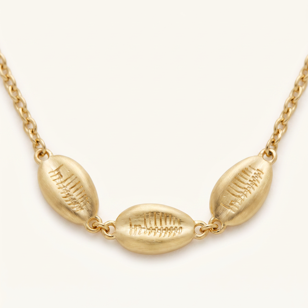Collier cauri sur chaîne, détail du motif, doré