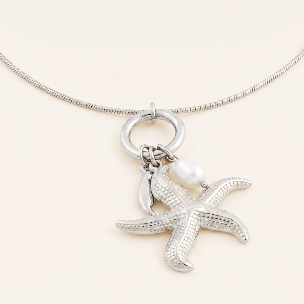 Collier étoile de mer, détail du motif, argenté