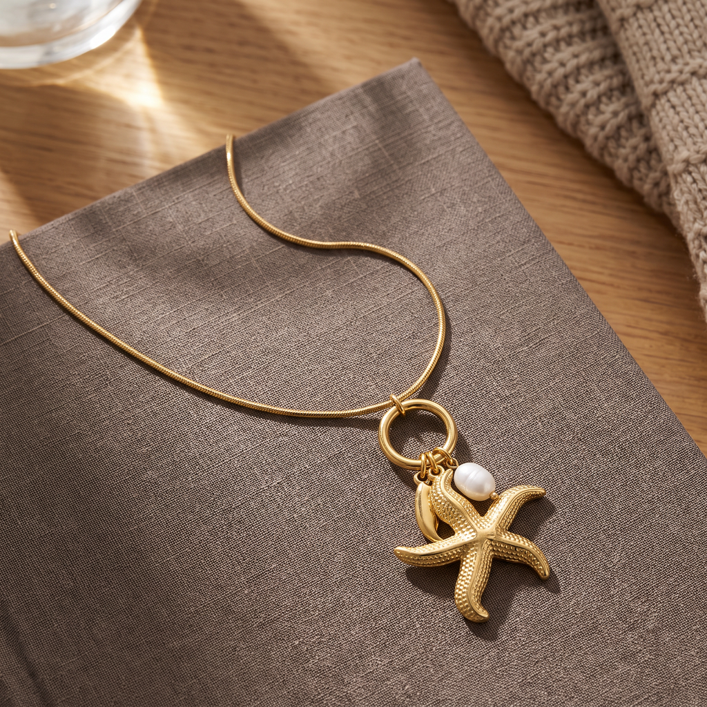 Collier étoile de mer, porté en tenue, doré