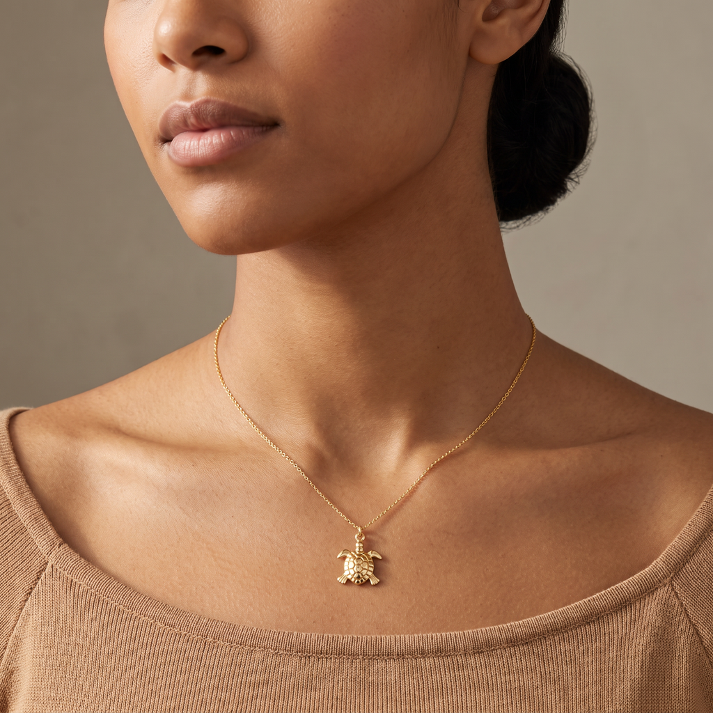 Collier tortue maille fine, porté mi-corps, doré