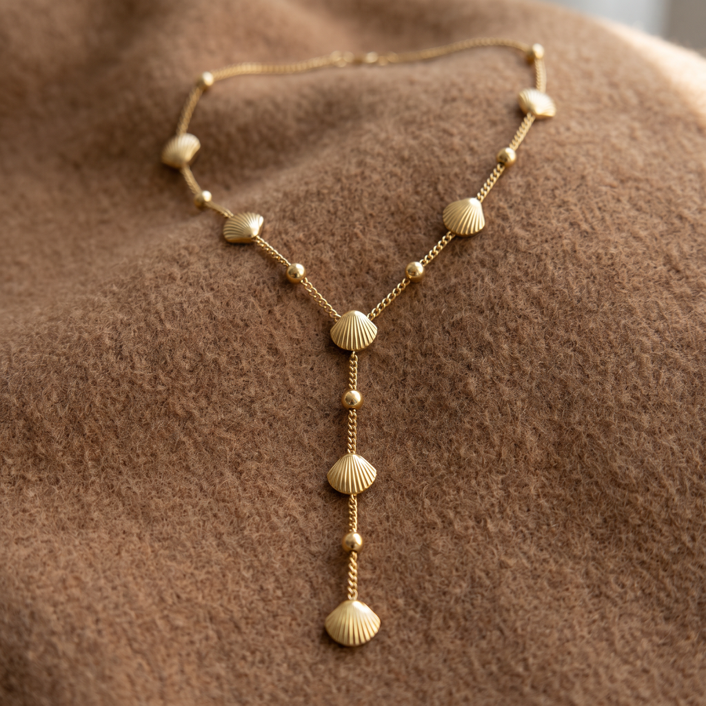 Collier pendentif en cascade, porté en tenue, doré