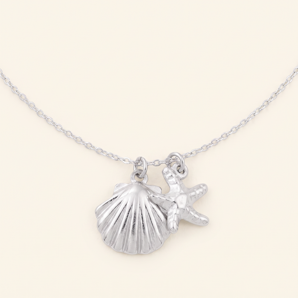 Collier étoile de mer et coquillage, détail du motif, argenté