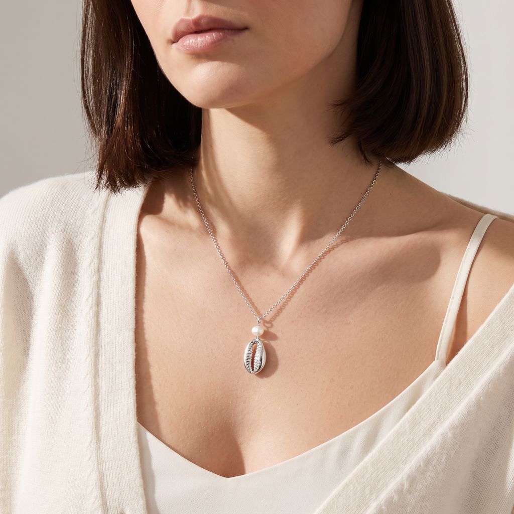 Collier cauri en perles, porté mi-corps, argenté