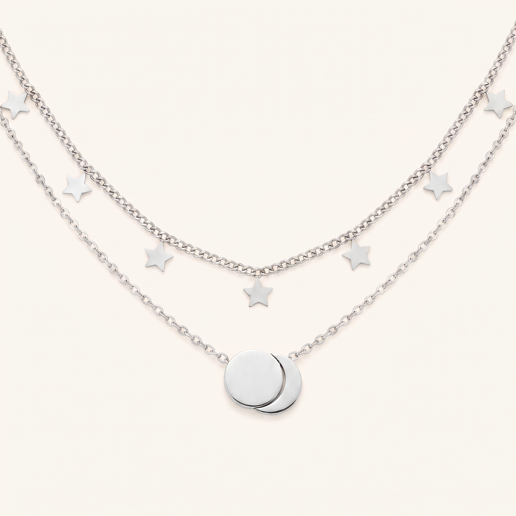 Collier étoile et lune double rang, détail du motif, argenté