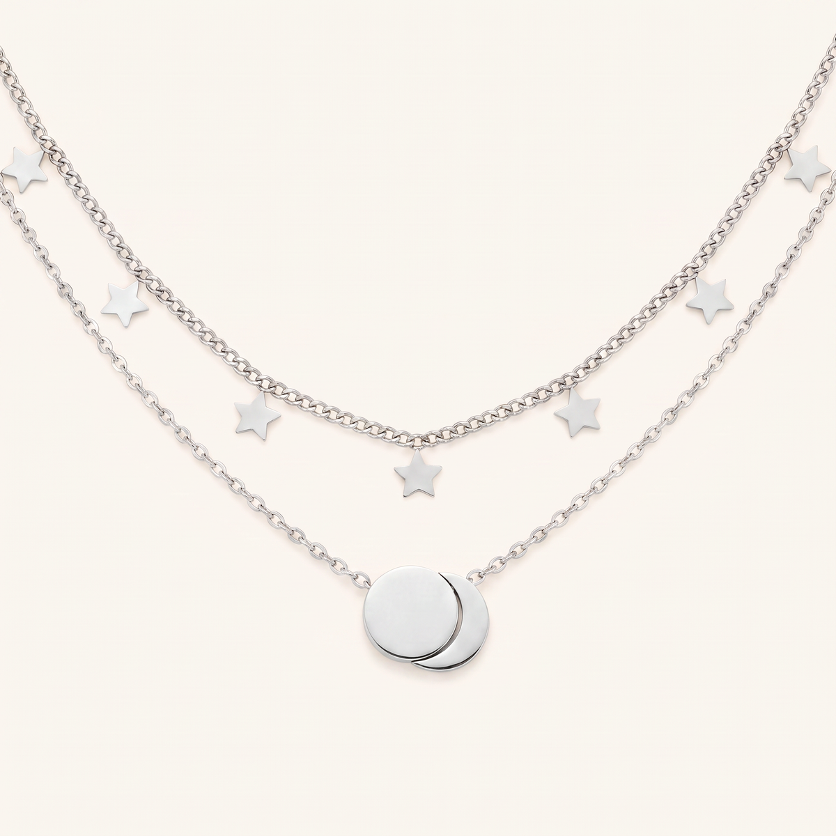 Collier étoile et lune double rang, détail du motif, argenté