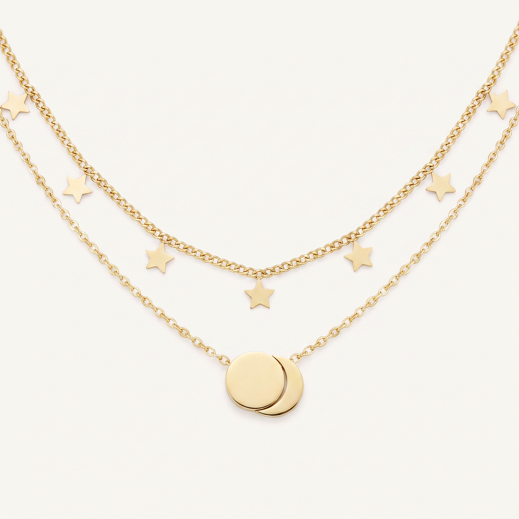 Collier étoile et lune double rang, détail du motif, doré
