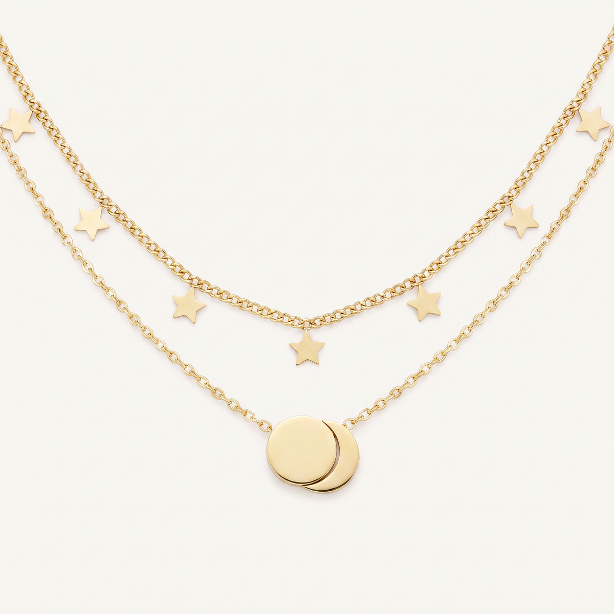 Collier étoile et lune double rang, détail du motif, doré