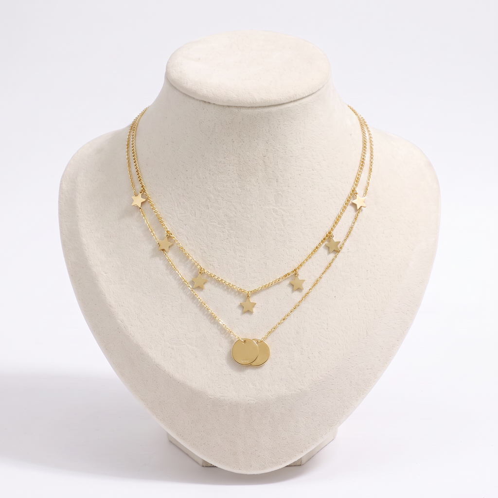 Collier étoile et lune double rang, vue de face, doré