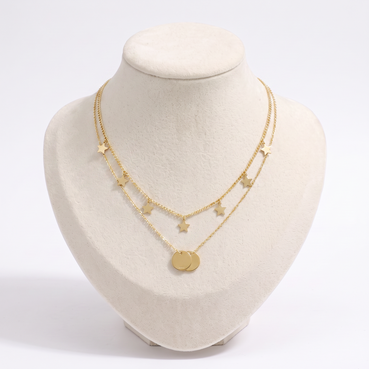 Collier étoile et lune double rang, vue de face, doré