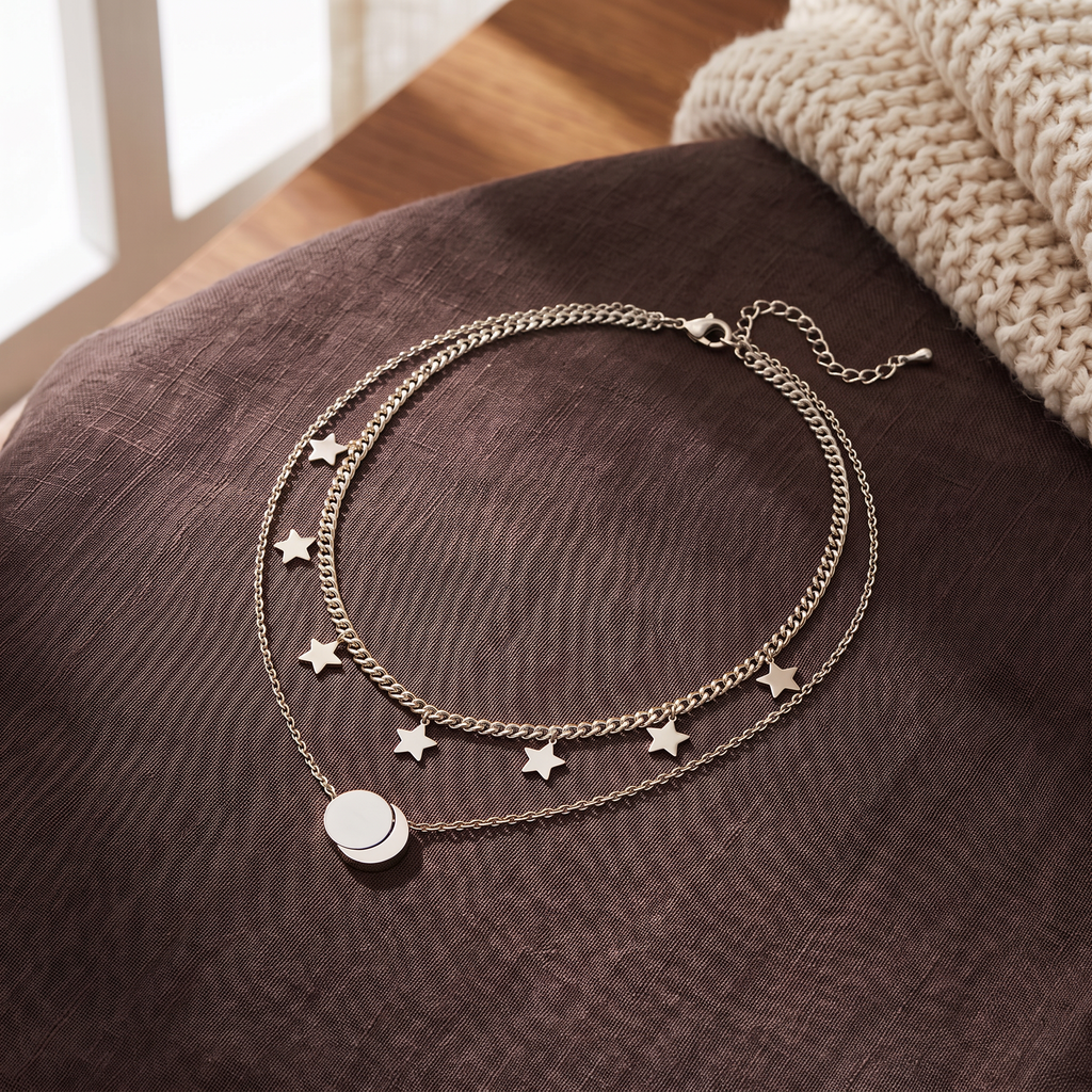Collier étoile et lune double rang, porté en tenue, argenté