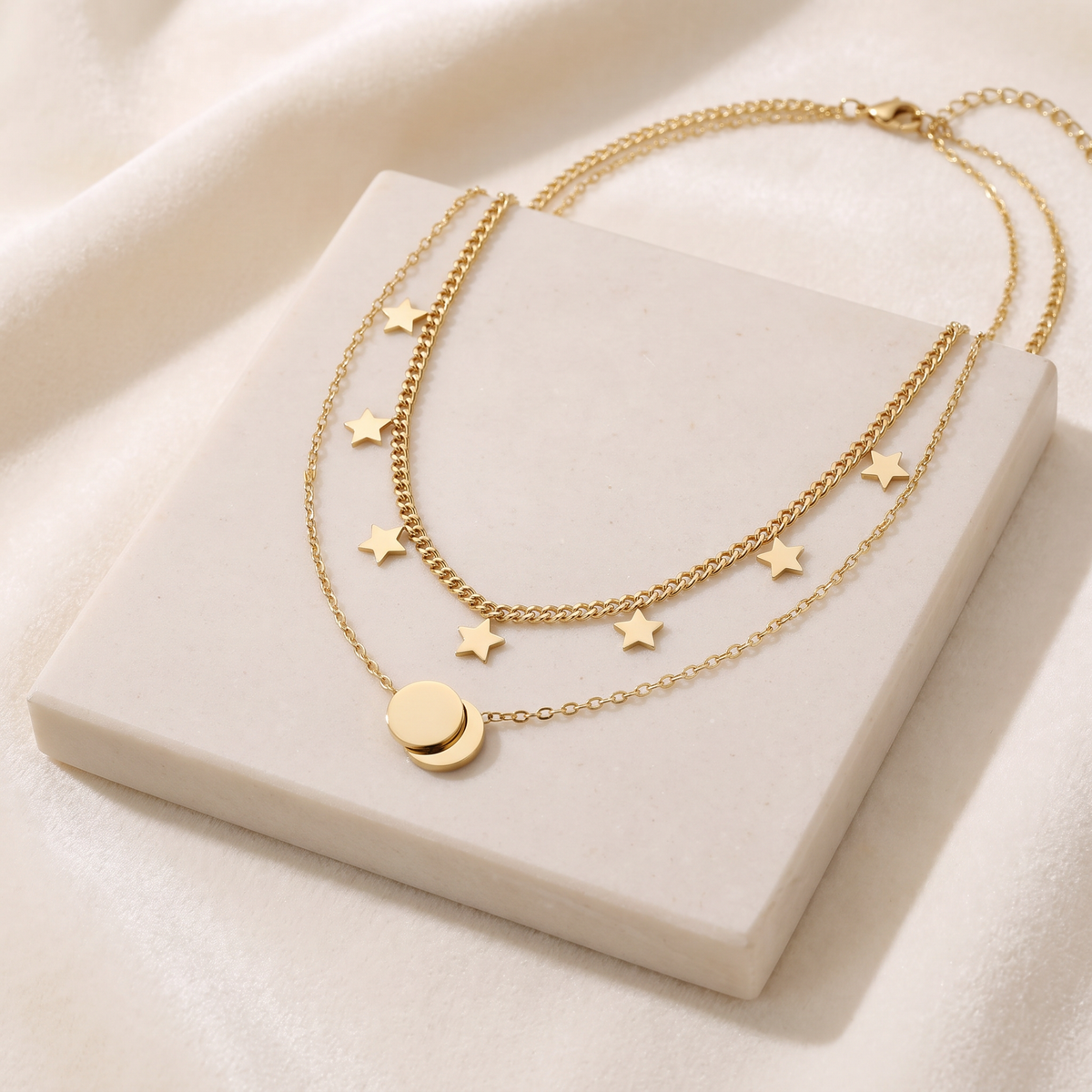Collier étoile et lune double rang — Doré