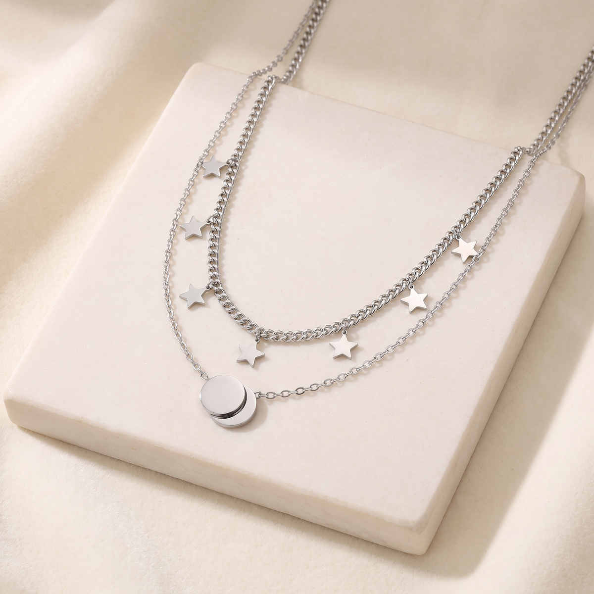 Collier étoile et lune double rang — Argenté