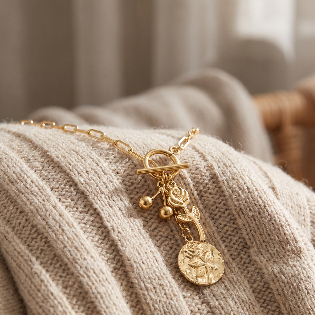 Collier fleur rose sur chaîne, porté en tenue, doré