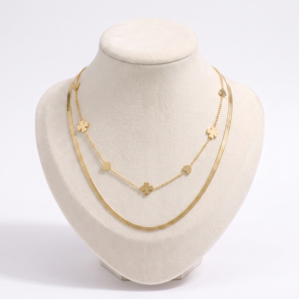 Collier cœur et trèfle double rang, vue de face, doré