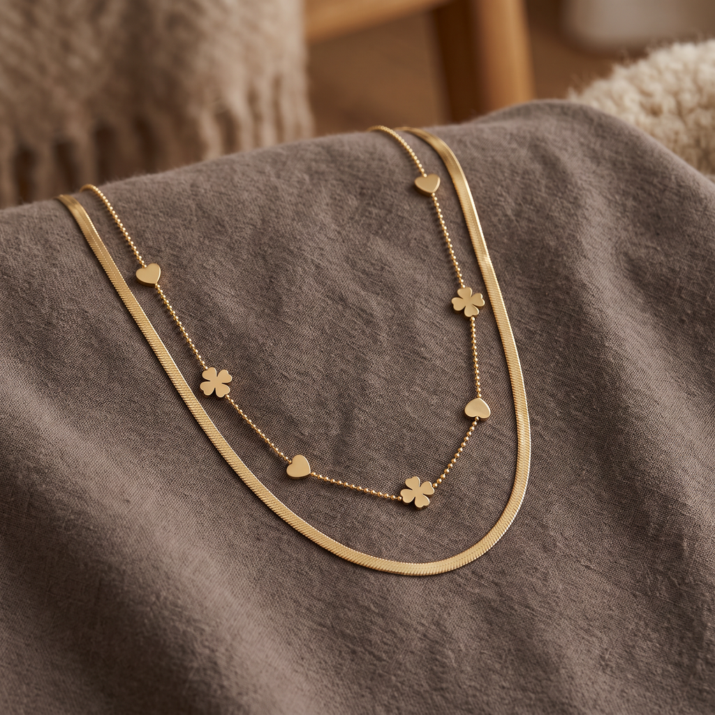 Collier cœur et trèfle double rang, porté en tenue, doré