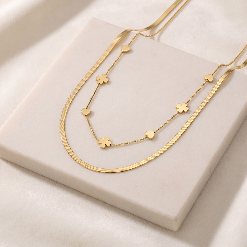 Collier cœur et trèfle double rang — Doré