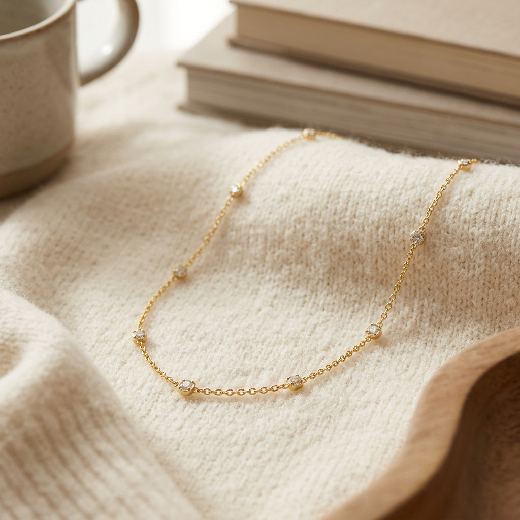 Collier chaîne à strass, porté en tenue, doré