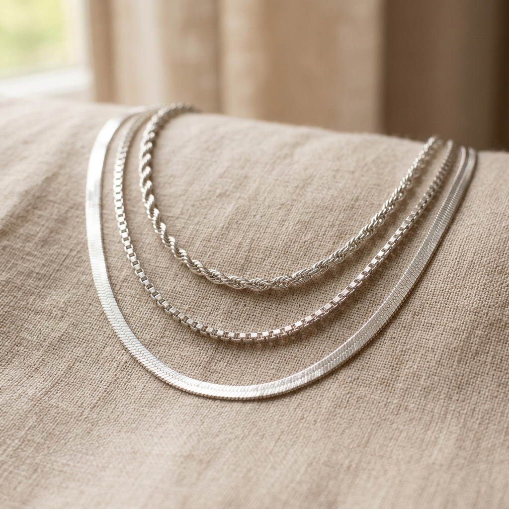 Collier à finition texturée triple rang, porté en tenue, argenté