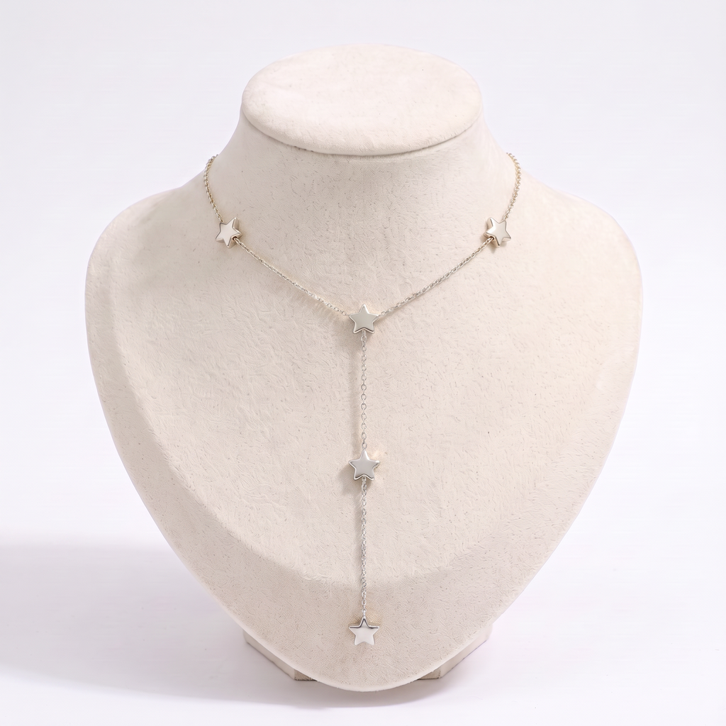 Collier étoile filante en Y sur chaîne, vue de face, argenté