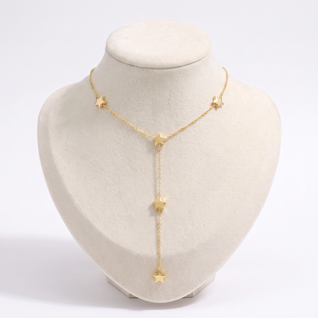Collier étoile filante en Y sur chaîne, vue de face, doré