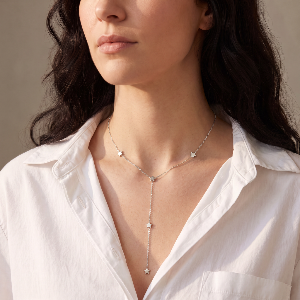Collier étoile filante en Y sur chaîne, porté mi-corps, argenté