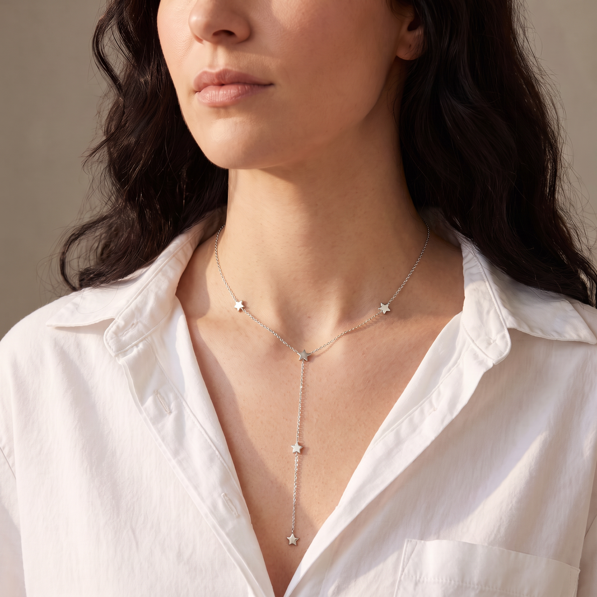 Collier étoile filante en Y sur chaîne, porté mi-corps, argenté