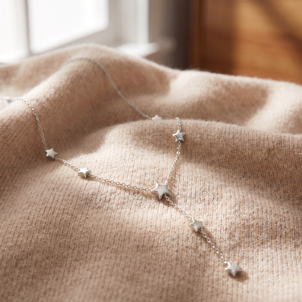 Collier étoile filante en Y sur chaîne, porté en tenue, argenté