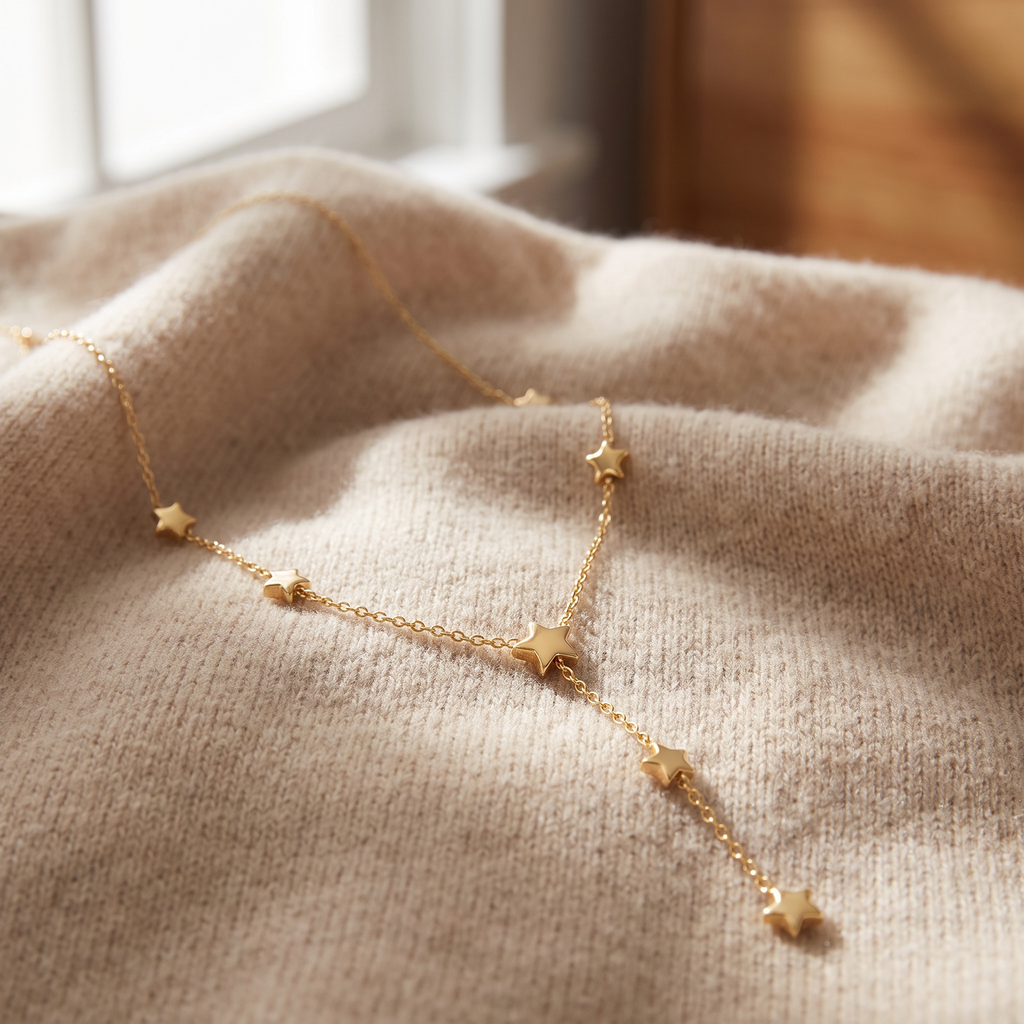 Collier étoile filante en Y sur chaîne, porté en tenue, doré