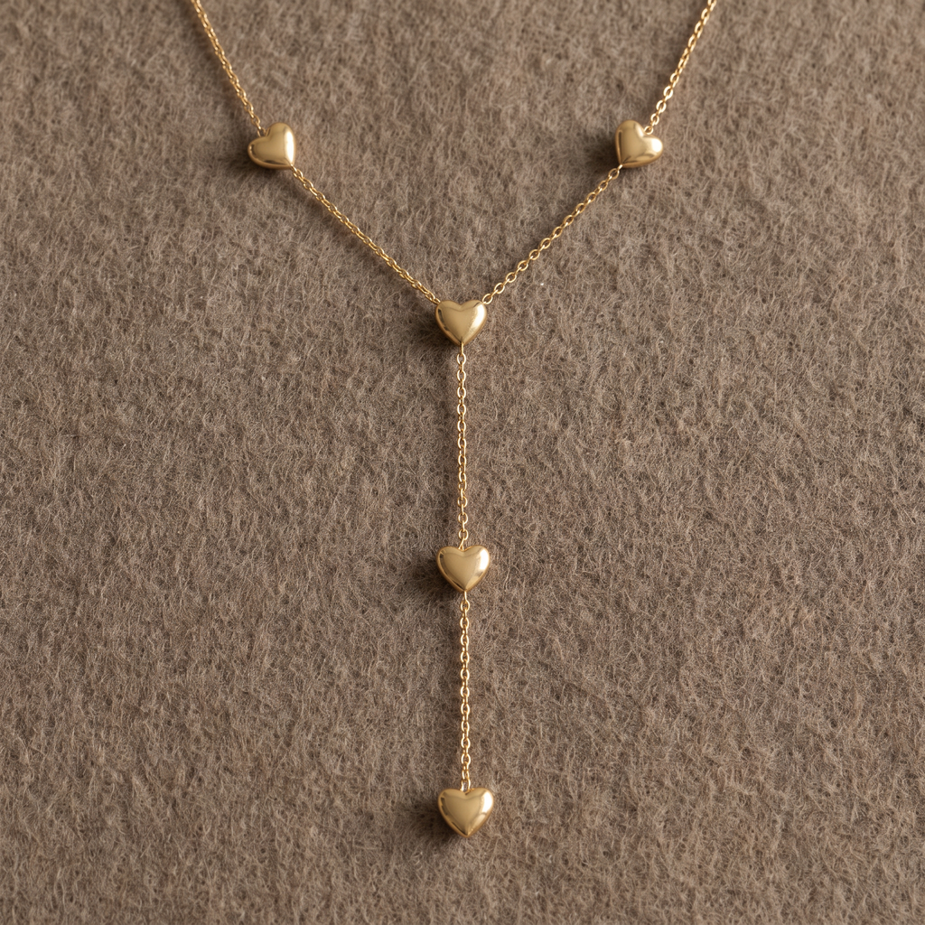 Collier cœur maille fine à motifs multiples, porté en tenue, doré