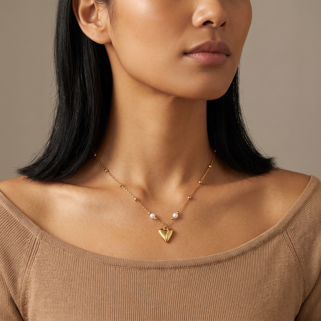 Collier charms cœur et trèfle doré, porté mi-corps