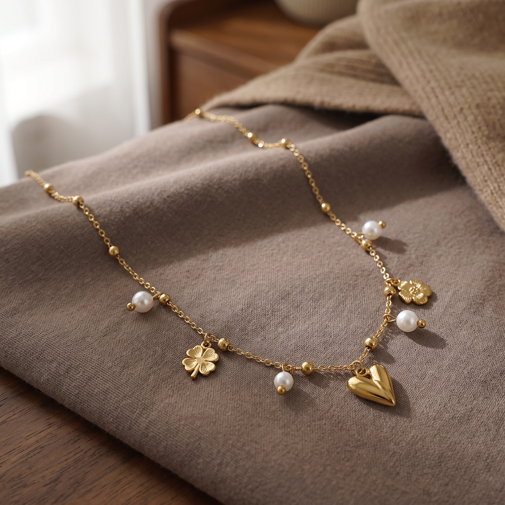Collier charms cœur et trèfle doré, porté en tenue