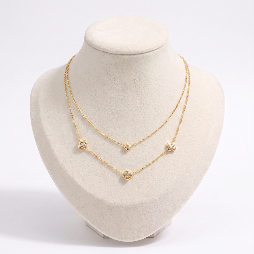 Collier fleur à strass double rang 42,5 cm, vue de face, doré