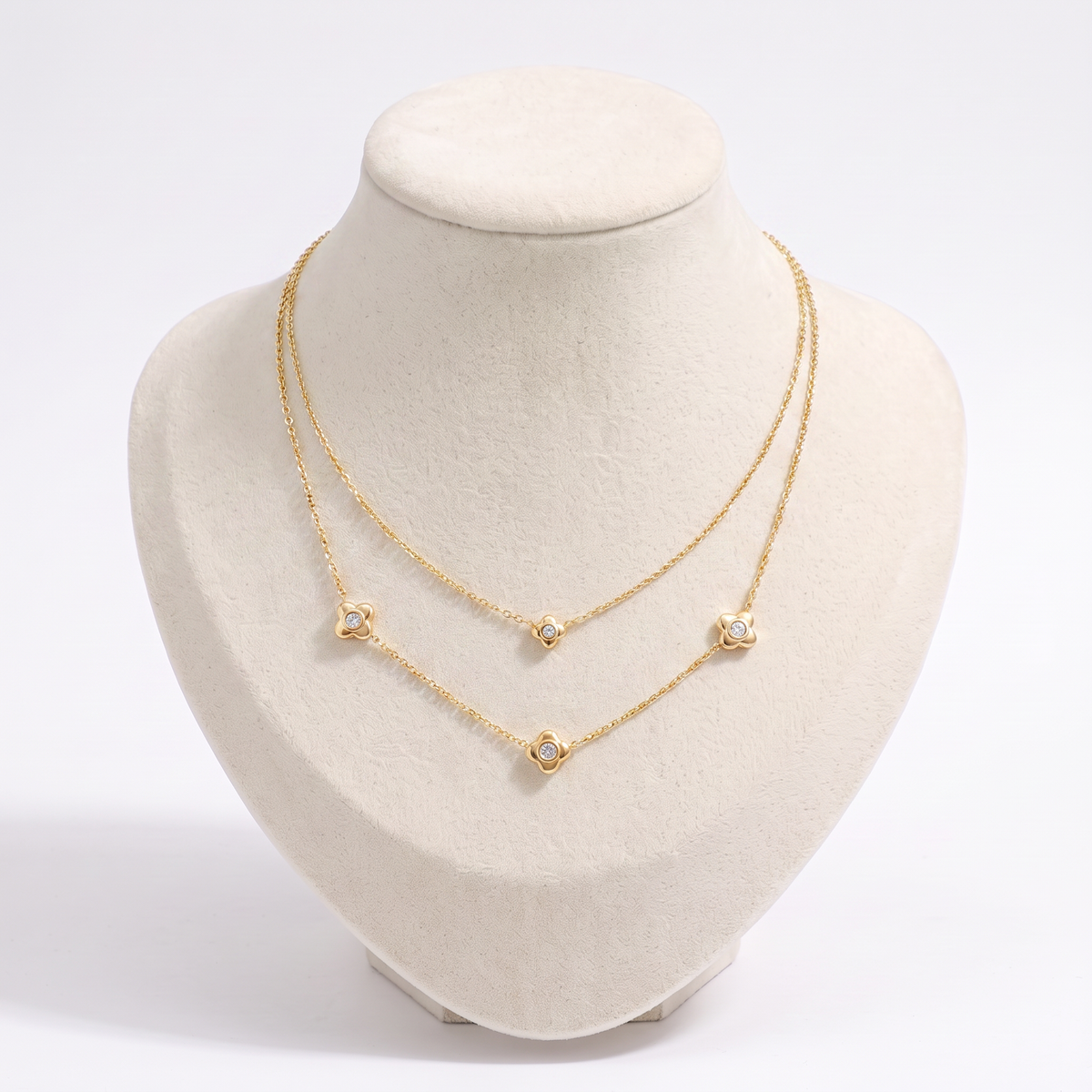 Collier fleur à strass double rang 42,5 cm, vue de face, doré