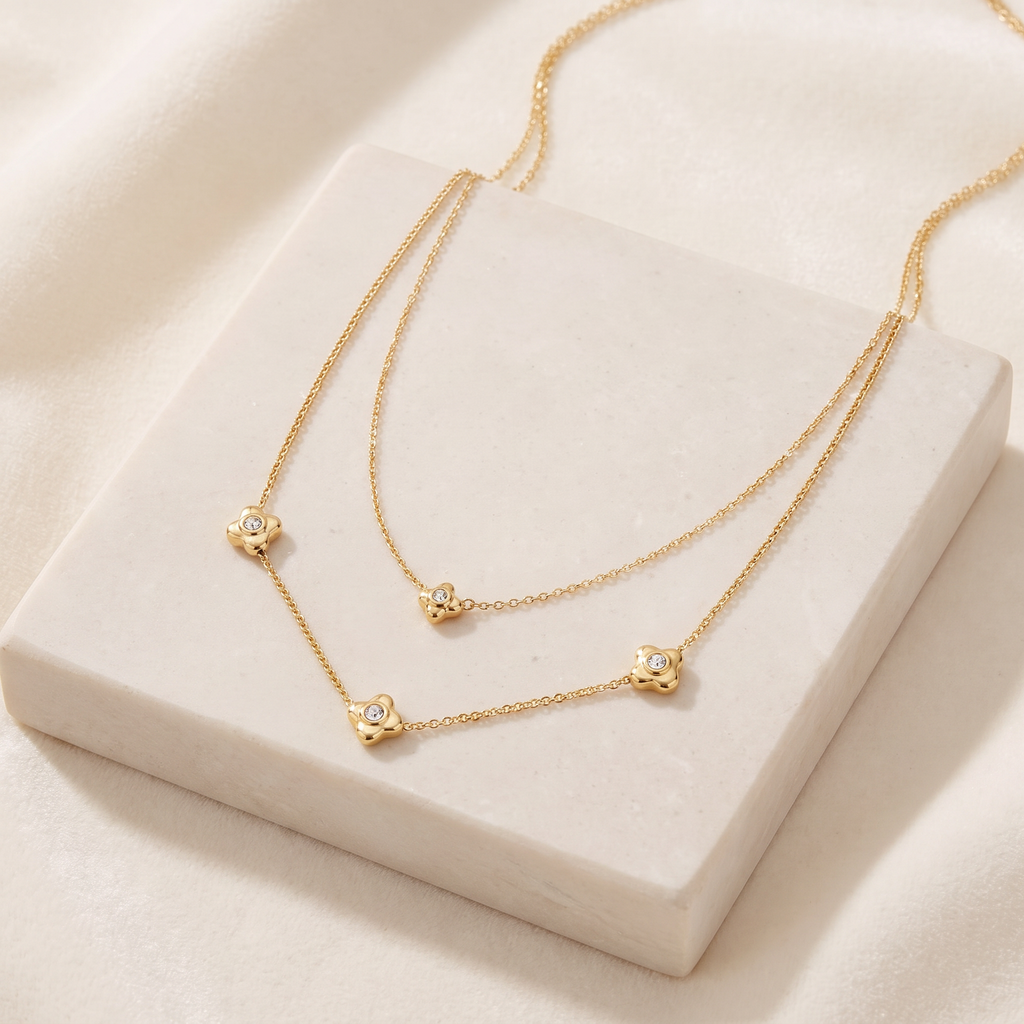 Collier fleur à strass double rang 42,5 cm — Doré
