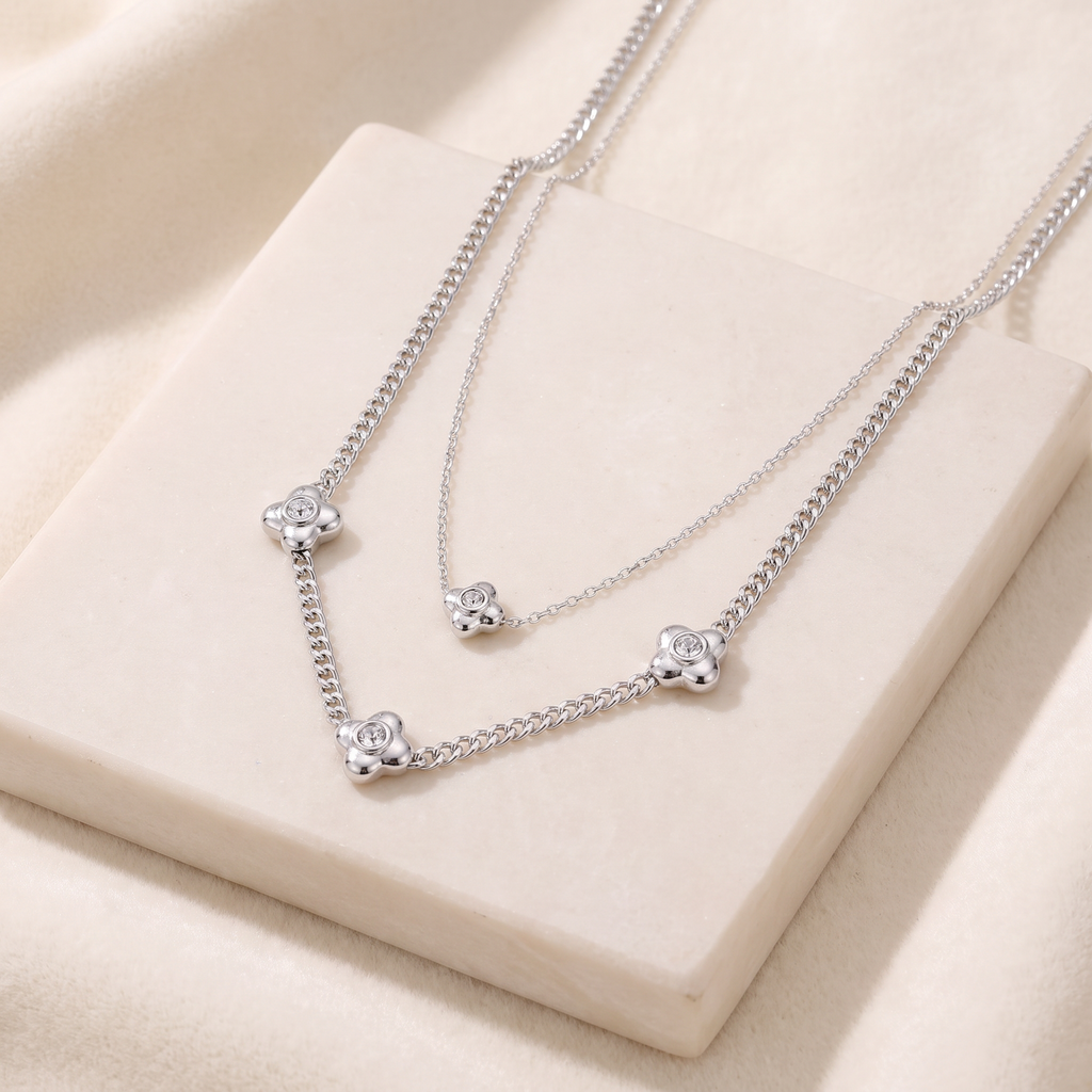 Collier fleur à strass double rang 42,5 cm — Argenté
