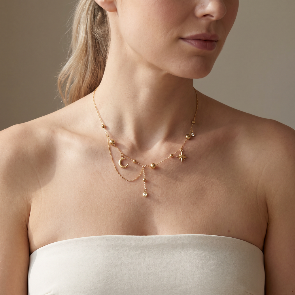 Collier étoile et lune à strass, porté mi-corps, doré