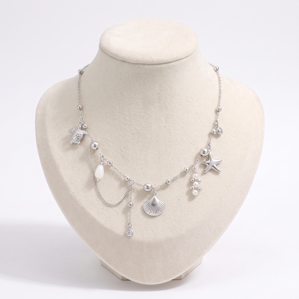 Collier charms étoile de mer effet nacré, vue de face, argenté