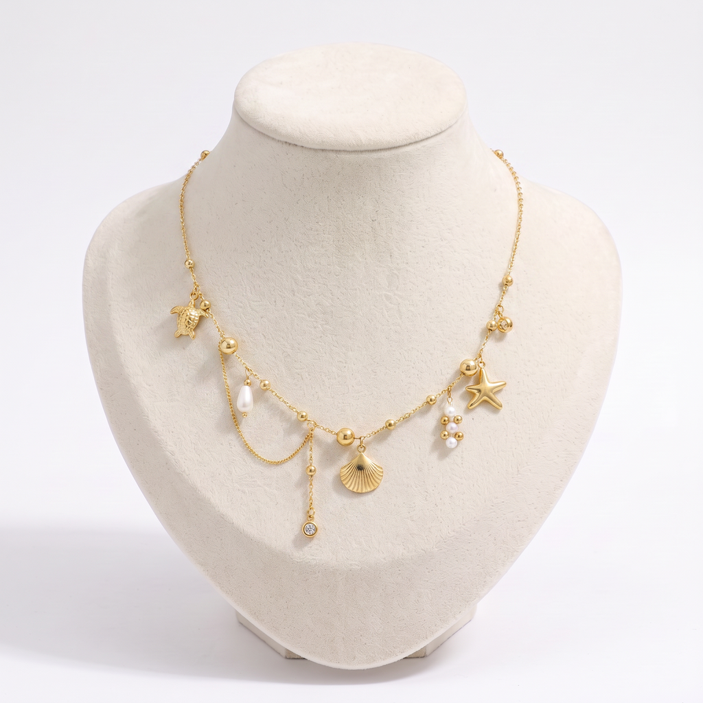 Collier charms étoile de mer effet nacré, vue de face, doré