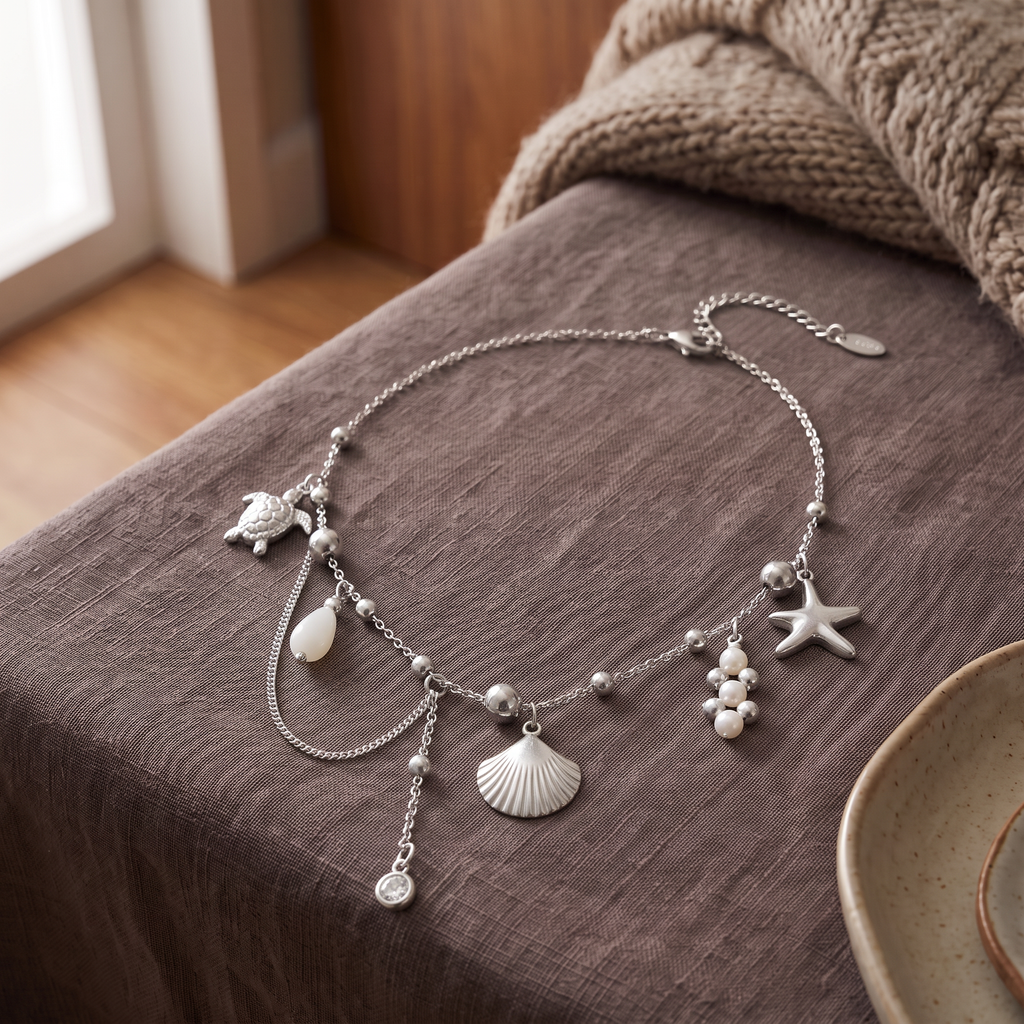 Collier charms étoile de mer effet nacré, porté en tenue, argenté