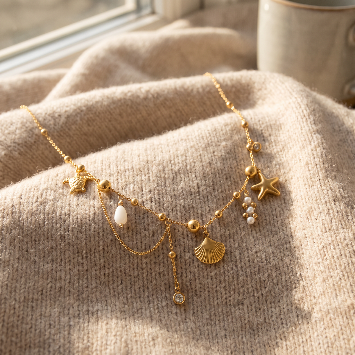 Collier charms étoile de mer effet nacré, porté en tenue, doré