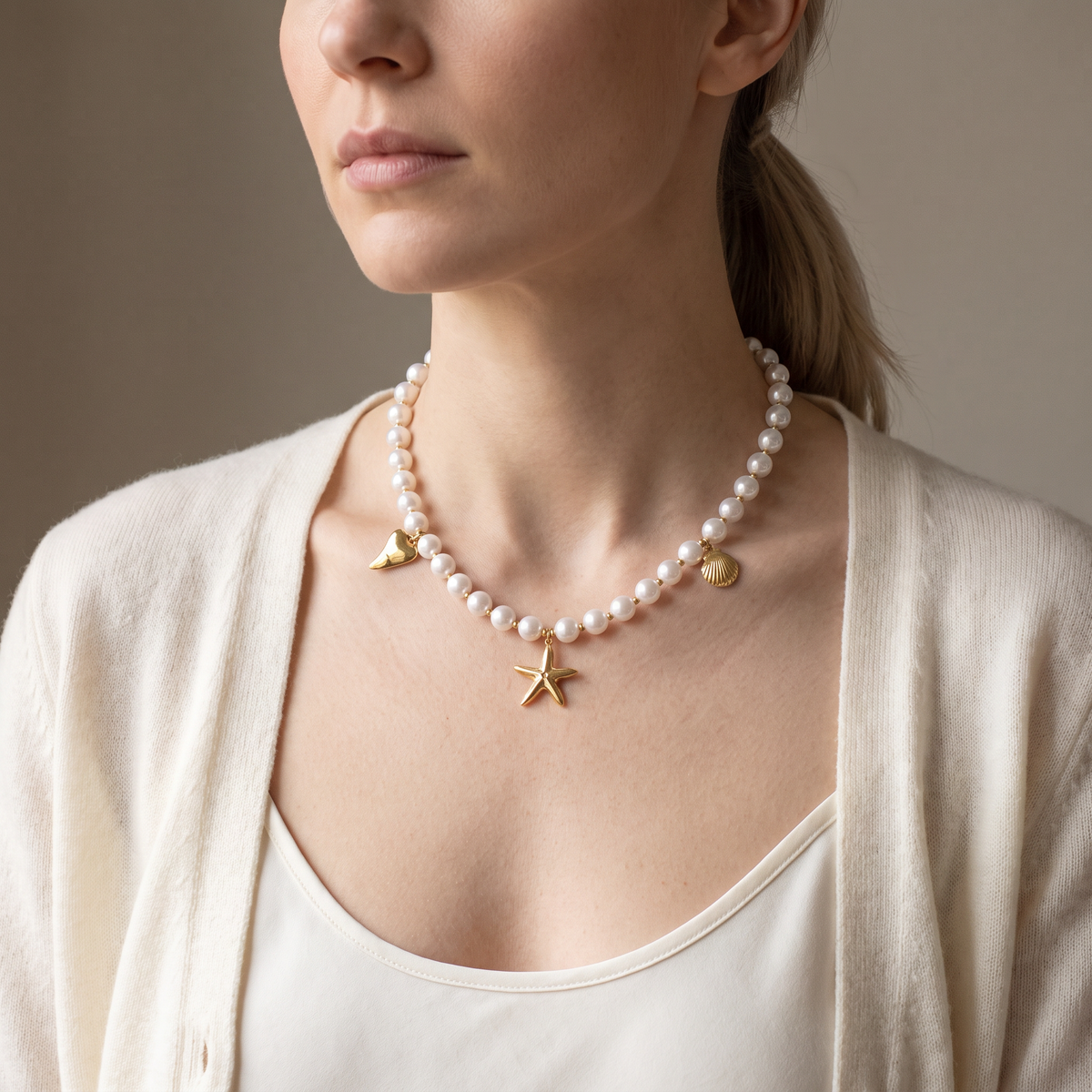 Collier étoile de mer à breloques en perles, porté mi-corps