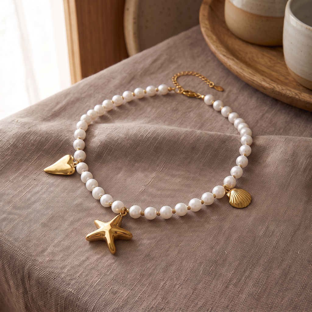 Collier étoile de mer à breloques en perles, porté en tenue