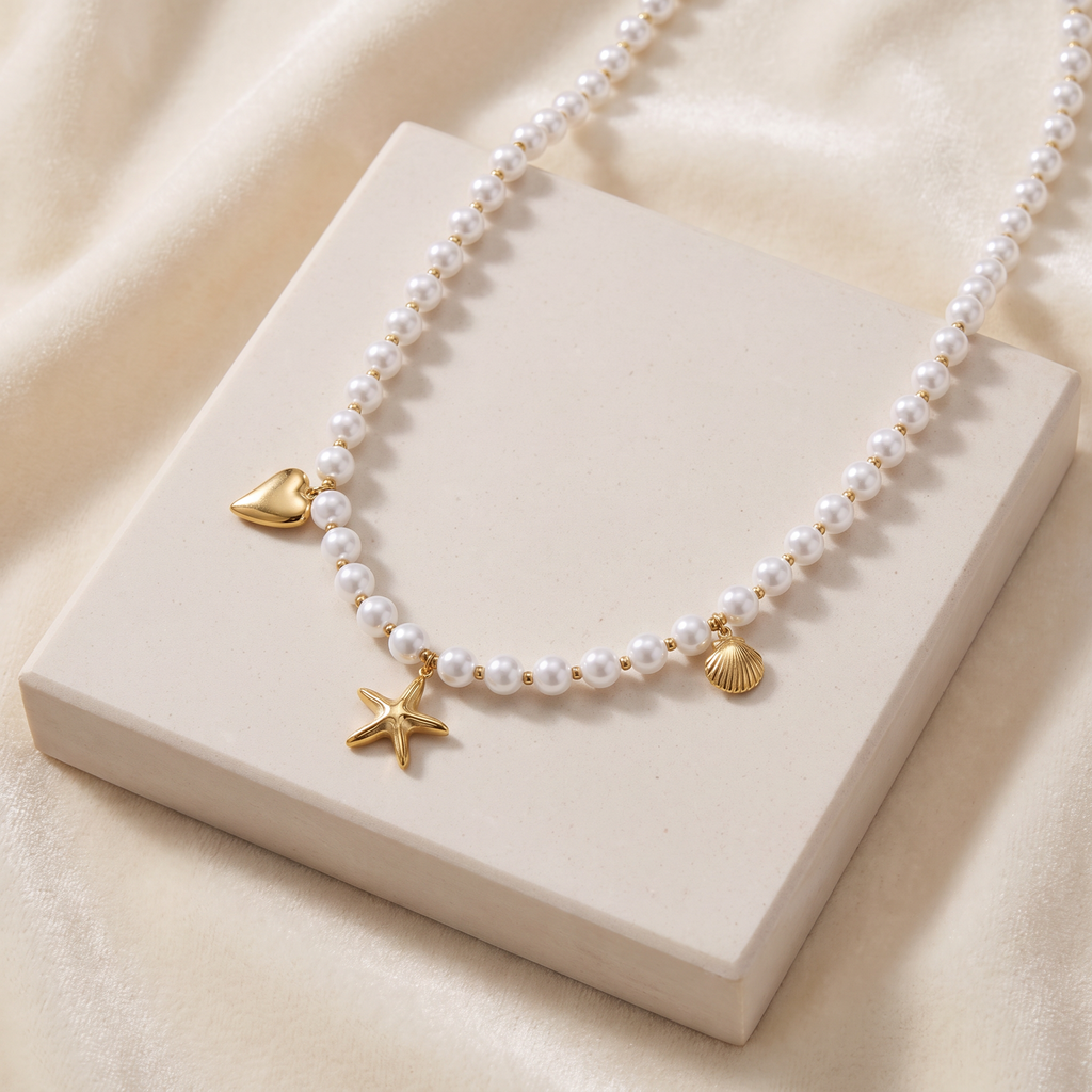 Collier étoile de mer à breloques en perles — Doré