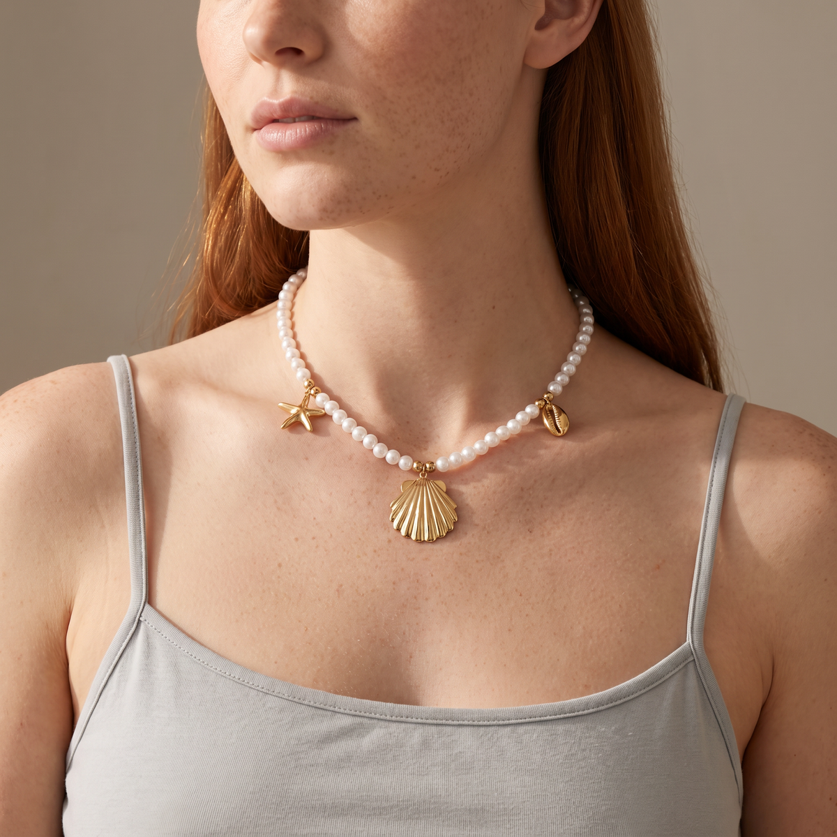 Collier coquillage doré à breloques en perles nacrées, porté mi-corps