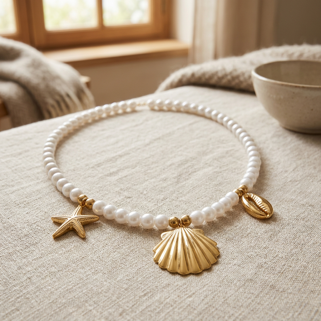 Collier coquillage doré à breloques en perles nacrées, porté en tenue