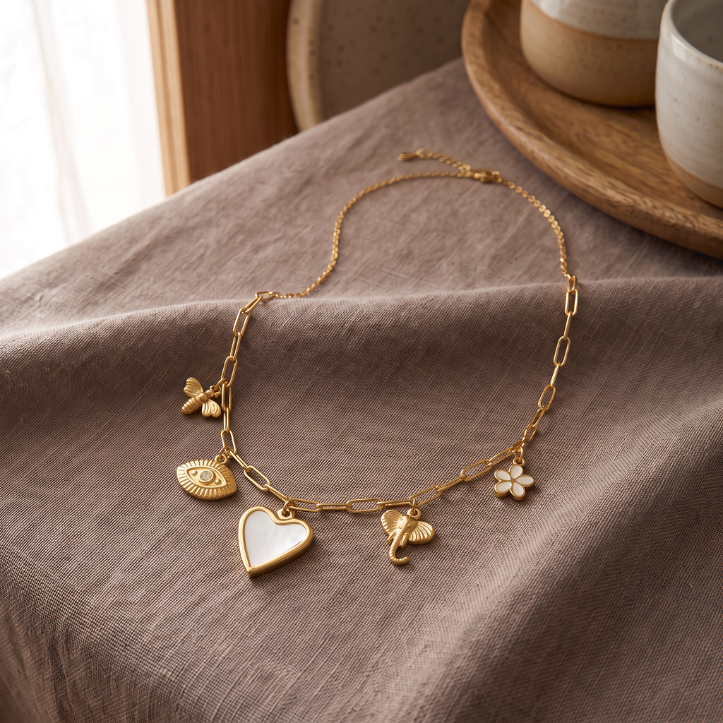 Collier charms cœur, œil et éléphant, porté en tenue, doré