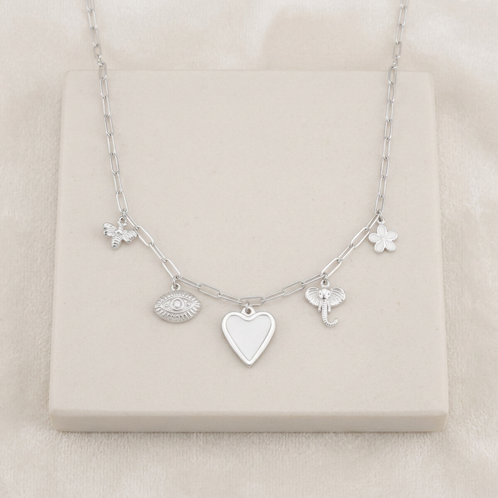 Collier charms cœur, œil et éléphant — Argenté