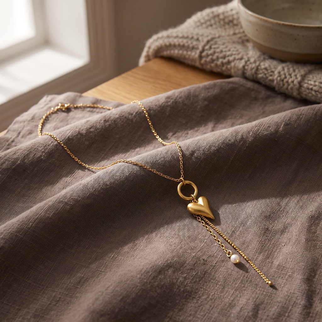 Collier pendentif cœur et perle, porté en tenue, doré